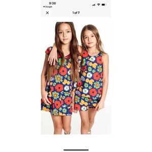 Marimekko Girl’s Medium Navy Floral Cotton V Neck Dress Bold Flowers Orange Yell